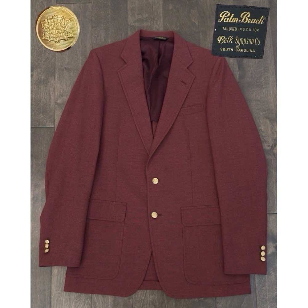 VTG Palm Beach Mens 2 Button Blazer Jacket Red Wool Blend Gold Button Size 38L